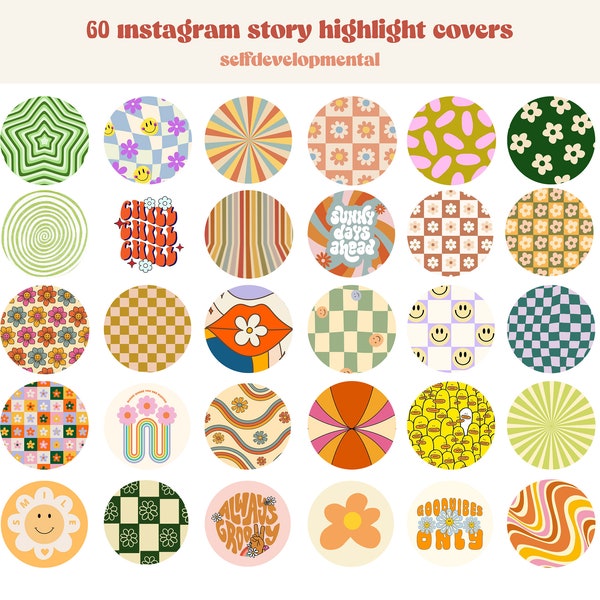 60 Retro Instagram Highlight Cover Icons, Groovy Highlight Covers, Funky Aesthetic IG Story Highlight Icon Pack, Retro colors, pastel tones