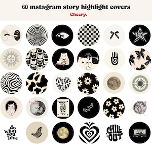 Puede incluir: Sesenta portadas de resaltado de historias de Instagram en blanco y negro con varios diseños, que incluyen remolinos, estrellas, flores, animales y texto. El texto incluye "do what you love", "chill out", "lucky you" y "vintage dreams".