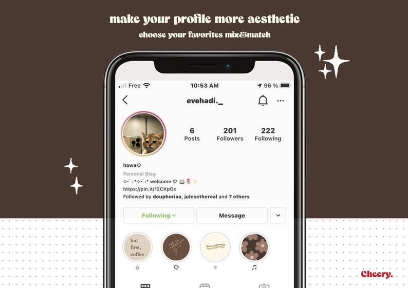 Puede incluir: Una captura de pantalla de una p&aacute;gina de perfil de Instagram con el nombre de usuario "evehadi._". La foto de perfil es un primer plano de la cara de un gato. El perfil tiene 6 publicaciones, 201 seguidores y 222 seguidos. La biograf&iacute;a del perfil dice "hawa♡ Blog personal Bienvenido https://pin.it/12CXpOc Seguido por deuphoriaa, julesethereal y 7 otros". El perfil tiene un bot&oacute;n "Siguiendo" y un bot&oacute;n "Mensaje". El perfil tambi&eacute;n tiene una cuadr&iacute;cula de cuatro im&aacute;genes, cada una con un dise&ntilde;o diferente.