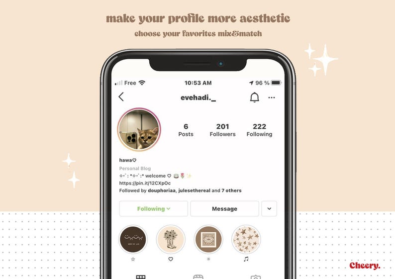 Puede incluir: Una captura de pantalla de una p&aacute;gina de perfil de Instagram con el nombre de usuario "evehadi._" y una foto de perfil de un gato. El perfil tiene 6 publicaciones, 201 seguidores y 222 seguidos. La biograf&iacute;a del perfil dice "Blog personal" e incluye un enlace a un sitio web. El perfil tambi&eacute;n tiene un bot&oacute;n "Siguiendo" y un bot&oacute;n "Mensaje". Debajo de los botones hay cinco destacados de historias de Instagram con varios dise&ntilde;os.