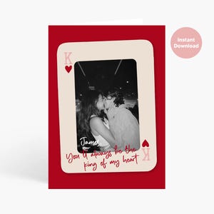 Hartenkoning valentijnskaartsjabloon, gepersonaliseerde valentijnskaart, aangepaste speelfotokaart, kaart koning koningin paar, direct downloaden