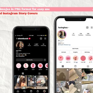 May include: Two Instagram profile pages with a retro pink and red color scheme. The top of each page shows the profile picture, username, post count, follower count, and following count. The bottom of each page shows a grid of nine images. The pages are surrounded by a white background.