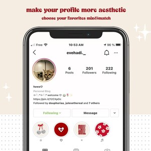 May include: A screenshot of an Instagram profile page with the username "evehadi._" and a profile picture of a cat. The profile has 6 posts, 201 followers, and 222 following. The profile bio says "hawa♡ Personal Blog welcome https://pin.it/12CXpOc Followed by deuphoriaa, julesethereal and 7 others". The profile has four highlighted icons: a red heart, a red bow with bells, a red and white striped icon, and a red flower icon.
