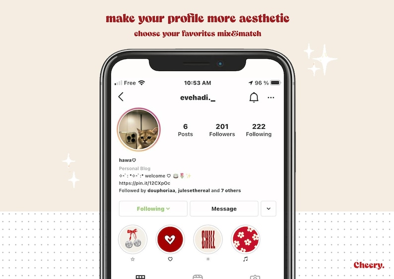 May include: A screenshot of an Instagram profile page with the username "evehadi._" and a profile picture of a cat. The profile has 6 posts, 201 followers, and 222 following. The profile bio says "hawa♡ Personal Blog welcome https://pin.it/12CXpOc Followed by deuphoriaa, julesethereal and 7 others". The profile has four highlighted icons: a red heart, a red bow with bells, a red and white striped icon, and a red flower icon.