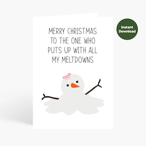 Cartão de Natal engraçado para marido ou namorado, cartão de Natal fofo para impressão, cartão de boneco de neve engraçado, cartão de Natal, colapso, download digital