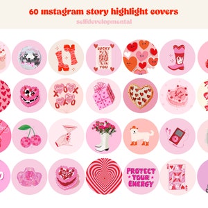 Peut inclure: Soixante couvertures de surbrillance d'histoires Instagram roses et rouges avec diverses illustrations sur le th&egrave;me de la Saint-Valentin, notamment des c&oelig;urs, des cerises, des g&acirc;teaux, un ballon disco, une botte de cow-boy, un coffret cadeau, une lettre d'amour, des lunettes de soleil, un verre &agrave; martini, un bouquet de fleurs, un chien, un lecteur de cassette, le P&egrave;re No&euml;l, un c&oelig;ur avec un motif en spirale, une carte &agrave; jouer et une personne portant une veste &agrave; motifs noir et blanc. Le texte "XOXO" et "PROTECT YOUR ENERGY" est &eacute;galement inclus.