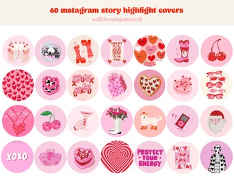 60 icone di copertina in evidenza di Instagram retrò, copertine in evidenza groovy, pacchetto di icone di evidenziazione della storia IG estetica con toni rossi e rosa, copertina rosa rossa