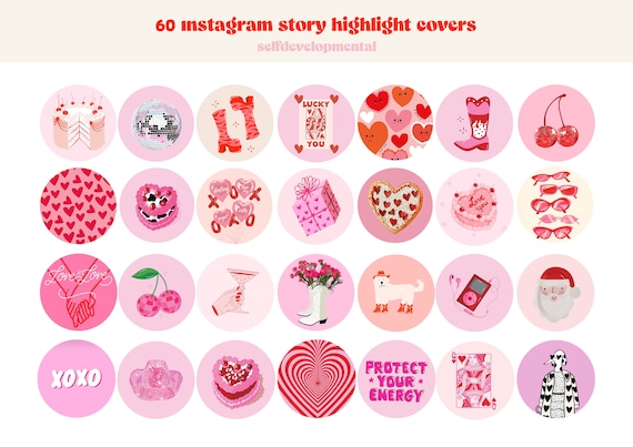 60 Retro Instagram Highlight Cover Icons, Groovy Highlight Covers, Red and Pink Tones Aesthetic IG Story Highlight Icon Pack, red pink cover