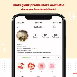 May include: A screenshot of an Instagram profile page with the username "evehadi._". The profile picture is a cat looking at the camera. The profile has 6 posts, 201 followers, and 222 following. The bio says "hawa♡ Personal Blog :: welcome https://pin.it/12CXpOc Followed by douphoriaa, julesethereal and 7 others". The profile has a "Following" button, a "Message" button, and a row of four icons with cherry, heart, ornament, and music note designs.