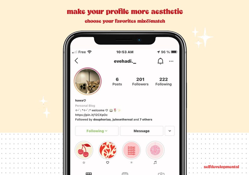 May include: A screenshot of an Instagram profile page with the username "evehadi._". The profile picture is a cat looking at the camera. The profile has 6 posts, 201 followers, and 222 following. The bio says "hawa♡ Personal Blog :: welcome https://pin.it/12CXpOc Followed by douphoriaa, julesethereal and 7 others". The profile has a "Following" button, a "Message" button, and a row of four icons with cherry, heart, ornament, and music note designs.