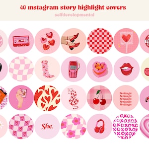 May include: Forty pink and red Instagram story highlight covers with various designs, including hearts, cherries, a disco ball, a cassette tape, a phone, a pair of boots, a car, and the text "She."
