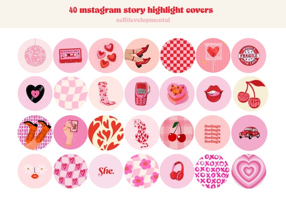 40 Retro Instagram Highlight Cover Icons, Groovy Highlight Covers, Red and Pink Tones Aesthetic IG Story Highlight Icon Pack, red pink cover
