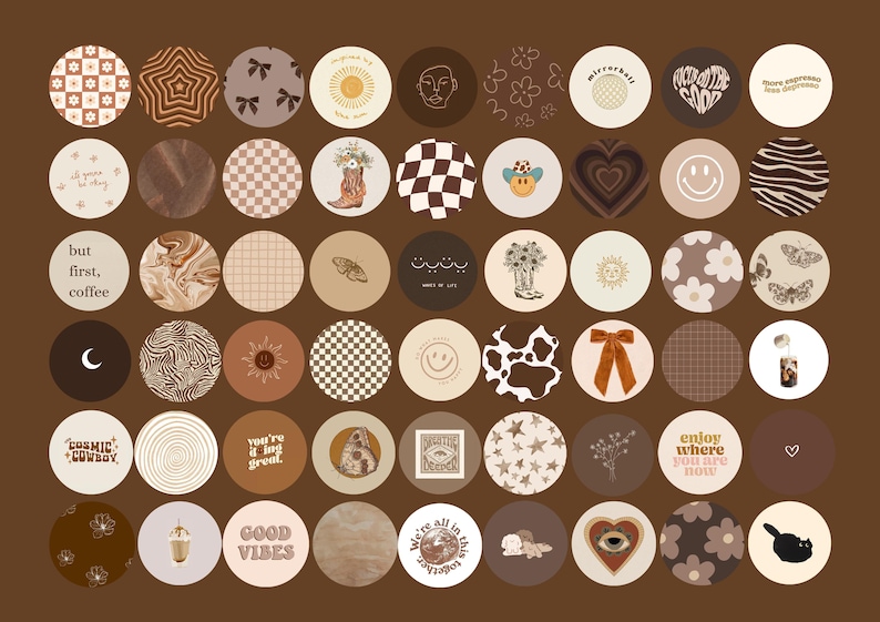Puede incluir: Un conjunto de 36 pegatinas redondas con varios dise&ntilde;os, que incluyen patrones abstractos, ilustraciones y texto. Las pegatinas son de varios colores, incluyendo marr&oacute;n, blanco, negro y beige. Las pegatinas est&aacute;n dispuestas en una cuadr&iacute;cula sobre un fondo marr&oacute;n.
