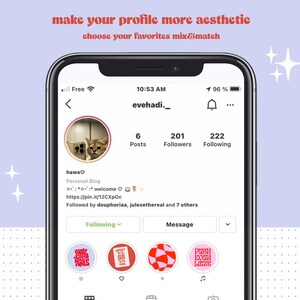 May include: A screenshot of an Instagram profile page with the username "evehadi._" and a profile picture of a cat. The profile has 6 posts, 201 followers, and 222 following. The profile bio says "hawa♡ Personal Blog welcome https://pin.it/12CXpOc Followed by deuphoriaa, julesethereal and 7 others". The profile has a "Following" button, a "Message" button, and a row of four icons at the bottom of the screen.