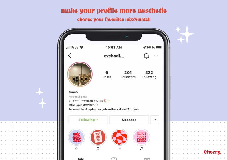 May include: A screenshot of an Instagram profile page with the username "evehadi._" and a profile picture of a cat. The profile has 6 posts, 201 followers, and 222 following. The profile bio says "hawa♡ Personal Blog welcome https://pin.it/12CXpOc Followed by deuphoriaa, julesethereal and 7 others". The profile has a "Following" button, a "Message" button, and a row of four icons at the bottom of the screen.
