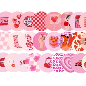 May include: A set of 20 pink and red round stickers with various designs, including hearts, cherries, checkered patterns, a cassette tape, a record player, a phone, a car, a lollipop, a daisy, and the text "XOXO" and "Shroom Queens".