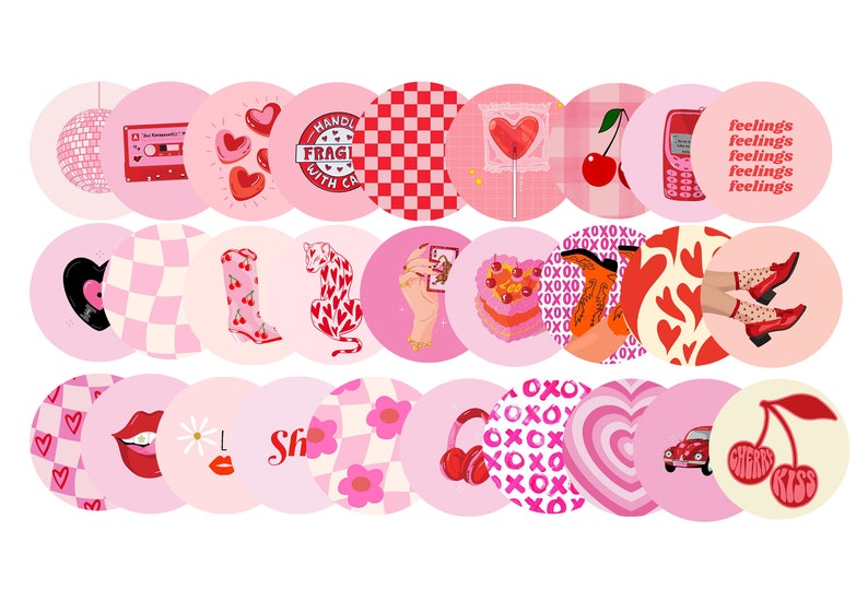 May include: A set of 20 pink and red round stickers with various designs, including hearts, cherries, checkered patterns, a cassette tape, a record player, a phone, a car, a lollipop, a daisy, and the text "XOXO" and "Shroom Queens".