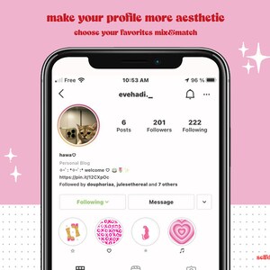 May include: A screenshot of an Instagram profile page with the username "evehadi._". The profile picture is a cat looking at the camera. The profile has 6 posts, 201 followers, and 222 following. The bio says "hawa♡ Personal Blog :: welcome https://pin.it/12CXpOc Followed by douphoriaa, julesethereal and 7 others". The profile has a row of five icons below the bio, including a star, a heart, a mermaid, a heart with a swirl design, and a music note.