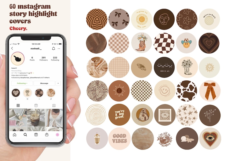 Puede incluir: Sesenta cubiertas de resaltado de historias de Instagram en una variedad de dise&ntilde;os. Las cubiertas presentan una mezcla de patrones, ilustraciones y texto. Algunos de los dise&ntilde;os incluyen un sol, un coraz&oacute;n, una mariposa, una vaca, una estrella, una flor y un remolino. El texto en las cubiertas incluye "you're a great", "good vibes" y "we're all in this together".