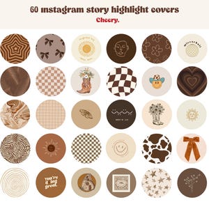 Può includere: Sessanta copertine per le storie in evidenza di Instagram con vari design. Le copertine presentano una varietà di motivi, illustrazioni e testo, tra cui un cappello da cowboy, un sole, una luna, un cuore, una farfalla, una mucca, un fiore e un motivo a scacchi. Le copertine sono in una gamma di colori marrone, beige e bianco.