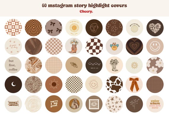 60 Retro Instagram Highlight Cover Icons, Groovy Highlight Cover, Beige Brown Tones Aesthetic IG Story Highlight Icon Pack, Brown Beige Icon