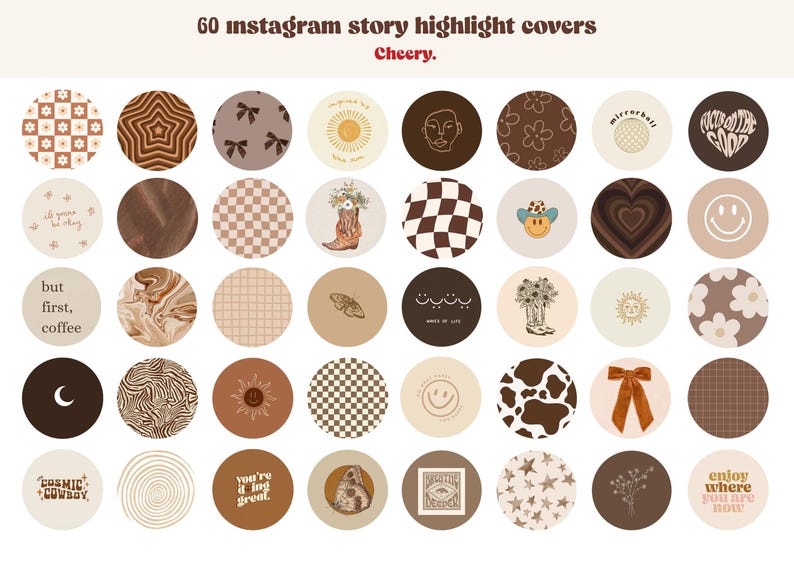 Puede incluir: Sesenta cubiertas de resaltado de historias de Instagram con diversos dise&ntilde;os. Las cubiertas presentan una variedad de patrones, ilustraciones y texto, incluyendo un sombrero de vaquero, un sol, una luna, un coraz&oacute;n, una mariposa, una vaca, una flor y un patr&oacute;n a cuadros. Las cubiertas est&aacute;n en una gama de colores marr&oacute;n, beige y blanco.