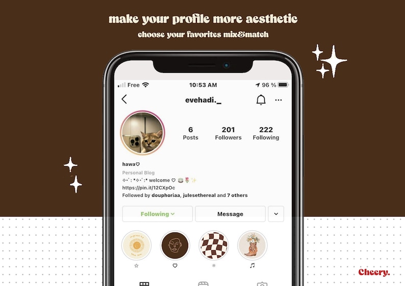 Puede incluir: Una captura de pantalla de un tel&eacute;fono m&oacute;vil que muestra una p&aacute;gina de perfil de Instagram. El nombre del perfil es "evehadi._" y la foto de perfil es un gato. El perfil tiene 6 publicaciones, 201 seguidores y 222 seguidos. La biograf&iacute;a del perfil dice "hawa Blog personal Bienvenido https://pin.it/12CXpOc Seguido por deuphoriaa, julesethereal y 7 otros". El perfil tiene un bot&oacute;n "Siguiendo" y un bot&oacute;n "Mensaje". El perfil tambi&eacute;n tiene una fila de cuatro iconos, cada uno con un dise&ntilde;o diferente.