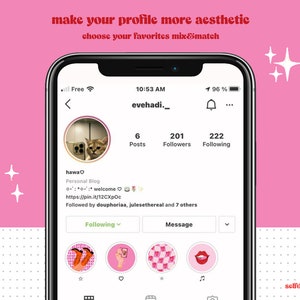 May include: A screenshot of an Instagram profile page on a smartphone. The profile name is "evehadi._" and the profile picture is a cat looking at the camera. The profile has 6 posts, 201 followers, and 222 following. The profile bio says "hawa♡ Personal Blog :: welcome https://pin.it/12CXpOc Followed by douphoriaa, julesethereal and 7 others". The profile has a row of four icons below the bio, each with a different design.