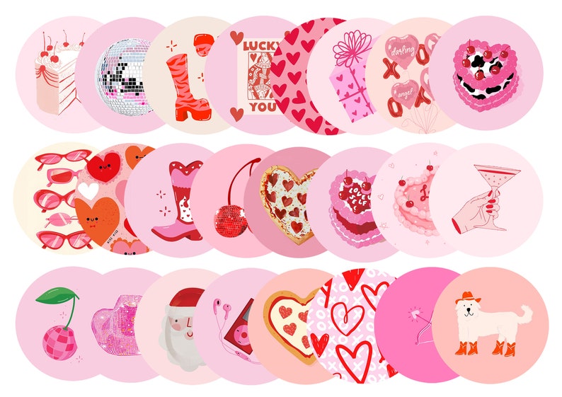 Peut inclure: Un ensemble de 20 autocollants sur le th&egrave;me de la Saint-Valentin, de couleur rose et rouge, avec diff&eacute;rents motifs, notamment des c&oelig;urs, des cerises, des g&acirc;teaux, des bottes, des lunettes de soleil et un miroir &agrave; facettes.