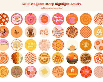 45 icone di copertina in evidenza di Instagram retrò, copertine in evidenza groovy, pacchetto di icone in evidenza della storia IG estetica con toni arancioni, tema primaverile