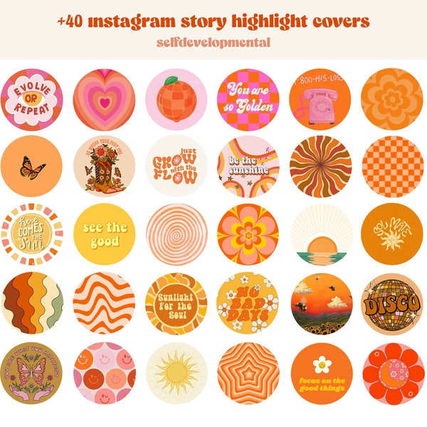 45 Retro Instagram Highlight Cover Icons, Groovy Highlight Covers, Orange Tones Aesthetic IG Story Highlight Icon Pack, Spring Theme