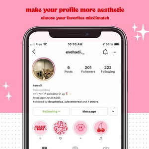 May include: A screenshot of an Instagram profile page with the username "evehadi._" and a cat photo as the profile picture. The profile has 6 posts, 201 followers, and 222 following. The text "make your profile more aesthetic choose your favorites mix&match" is at the top of the image. Below the profile information, there are five Instagram story highlights with icons of a cherry, a smiley face, a heart, a cat, and a cherry.