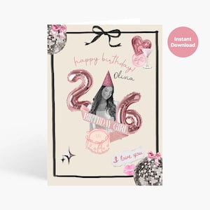 Gepersonaliseerde verjaardagskaart, aangepaste foto verjaardagskaart meisje, verjaardagscollage, leeftijd heliumballonnen, instant download, verjaardagscadeau