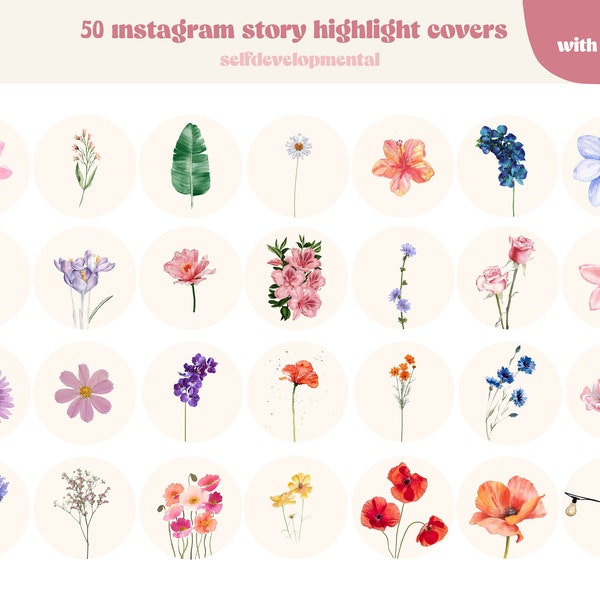 50 Instagram Flower Bouquet Highlight Covers | Botanical Highlight Cover Icons | Boho Instagram Highlight | Nuetral Flowers Icons