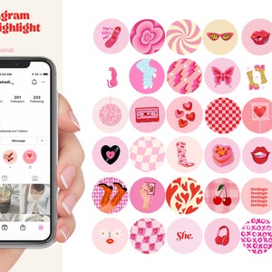 May include: Forty pink and red Instagram story highlight covers with various designs, including hearts, cherries, lips, a cassette tape, a disco ball, a rainbow, a car, and a pair of sunglasses. The text "Fragile" and "She." are also included.