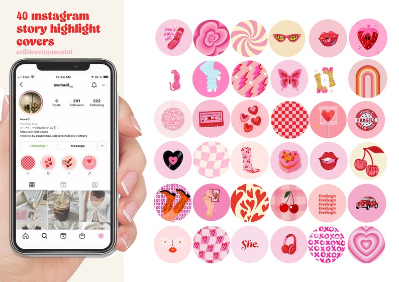 May include: Forty pink and red Instagram story highlight covers with various designs, including hearts, cherries, lips, a cassette tape, a disco ball, a rainbow, a car, and a pair of sunglasses. The text "Fragile" and "She." are also included.