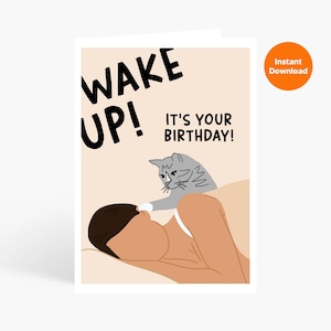 Verjaardagskaart grappige kat, afdrukbare verjaardagskaart, afdrukbare verjaardagskaart grappige kat, kat wakker, instant download, grappige verjaardagskaart