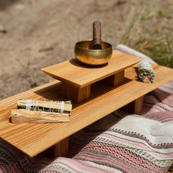 Tavolo da meditazione per altare con cassetto, tavolo puja per