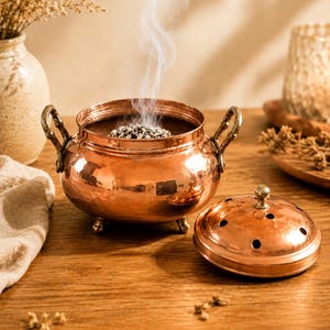 Handmade Hammered Copper Incense Burner with Vented Lid| Sage Palo Santo Smudge Pot Censer | Meditation & Spiritual Gift | Boho Rustic Decor
