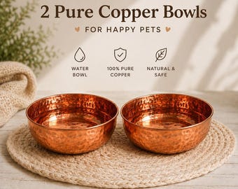Personalized Solid 100% Copper Pet Bowls | Hand Hammered Cat Dog Water Dish Set of 2 | Bacteria-Free Pure Copper Pet gift for pet lovers