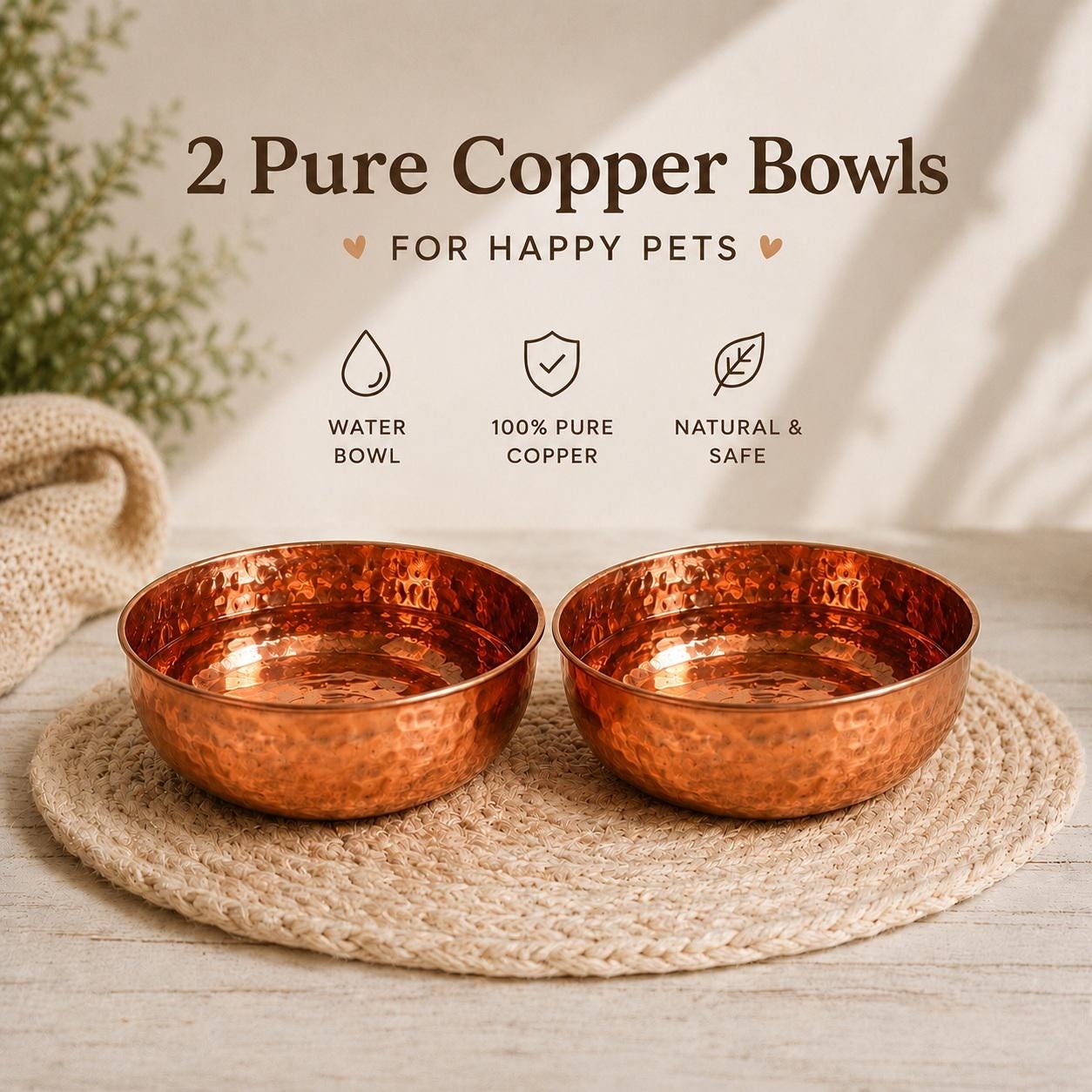 Personalized Solid 100% Copper Pet Bowls | Hand Hammered Cat Dog