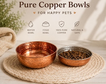 Set di ciotole regalo personalizzate in rame per animali domestici / Ciotole antibatteriche in rame puro, realizzate a mano, per cibo e acqua di cani e gatti.