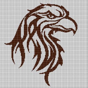 May include: A detailed brown eagle head design, rendered in a pixelated style. The eagle's eye, beak, and feathers are clearly defined against a grid background, creating a striking visual.