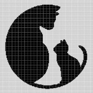 May include: Black silhouette of a cat and kitten, set against a grid background. The larger cat is in a crescent shape, with the kitten sitting inside the curve. The design is a simple, graphic representation of feline companionship.