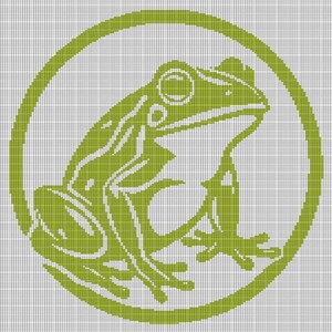May include: A lime green frog illustration inside a green circle on a white grid background. The frog is stylized with detailed features, including eyes, legs, and skin texture. The design has a clean, graphic aesthetic.