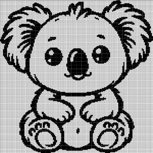 Può includere: Illustrazione di pixel art in bianco e nero di un koala seduto con le braccia incrociate. Il koala ha grandi occhi rotondi e un piccolo naso nero.