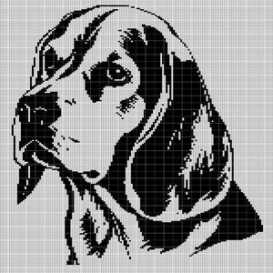 Op de afbeelding: Zwart-witte pixel art illustratie van een hondenkop. De hond heeft hangende oren en een lange snuit.