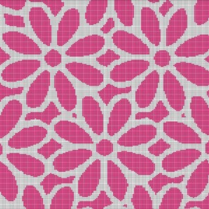 Könnte beinhalten: Ein sich wiederholendes Muster aus großen, stilisierten rosa Blumen mit länglichen Blütenblättern und einem zentralen Punkt. Die Blumen sind vor einem weißen Hintergrund angeordnet, wodurch ein kontrastreiches Design entsteht. Das Muster ist gitterartig angeordnet.