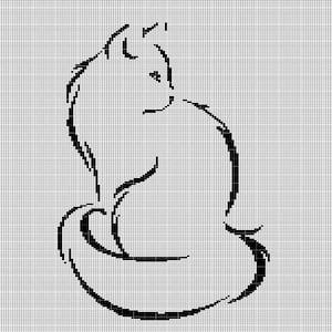 May include: A black and white line drawing of a cat in a sitting position, with its tail curled around its body. The cat is facing to the right, with its head turned slightly towards the viewer. The drawing is on a grid background.