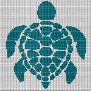May include: A teal turtle design on a grid background. The turtle is composed of various shapes, with a detailed shell pattern. The image is a graphic, likely for a craft project or pattern.